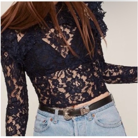 Reformation lace Long Sleeve top blouse in Navy - Picture 1 of 13